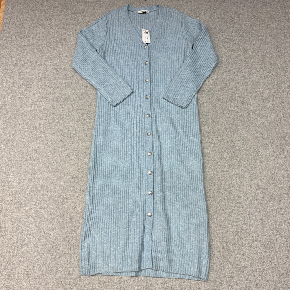 Abercrombie & Fitch Kathleen Post Ribbed Maxi Cardigan Dress MP Blue Button-Fron